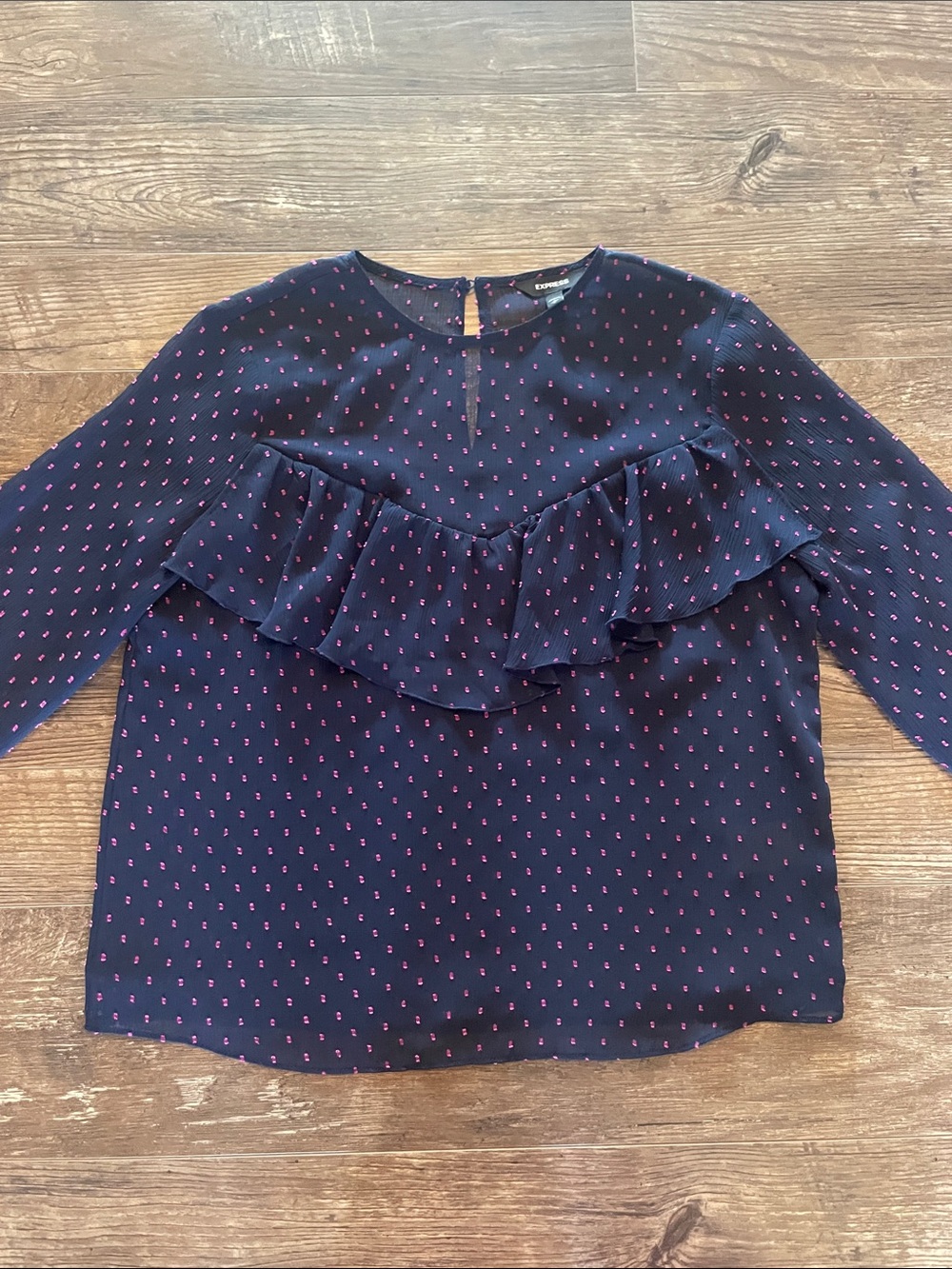 Express Navy Blouse with Pink Dots Size Small - Picture 6 of 10